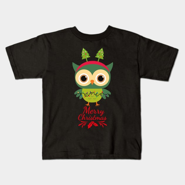 Cute Green Christmas Owl Kids T-Shirt by FoxyChroma